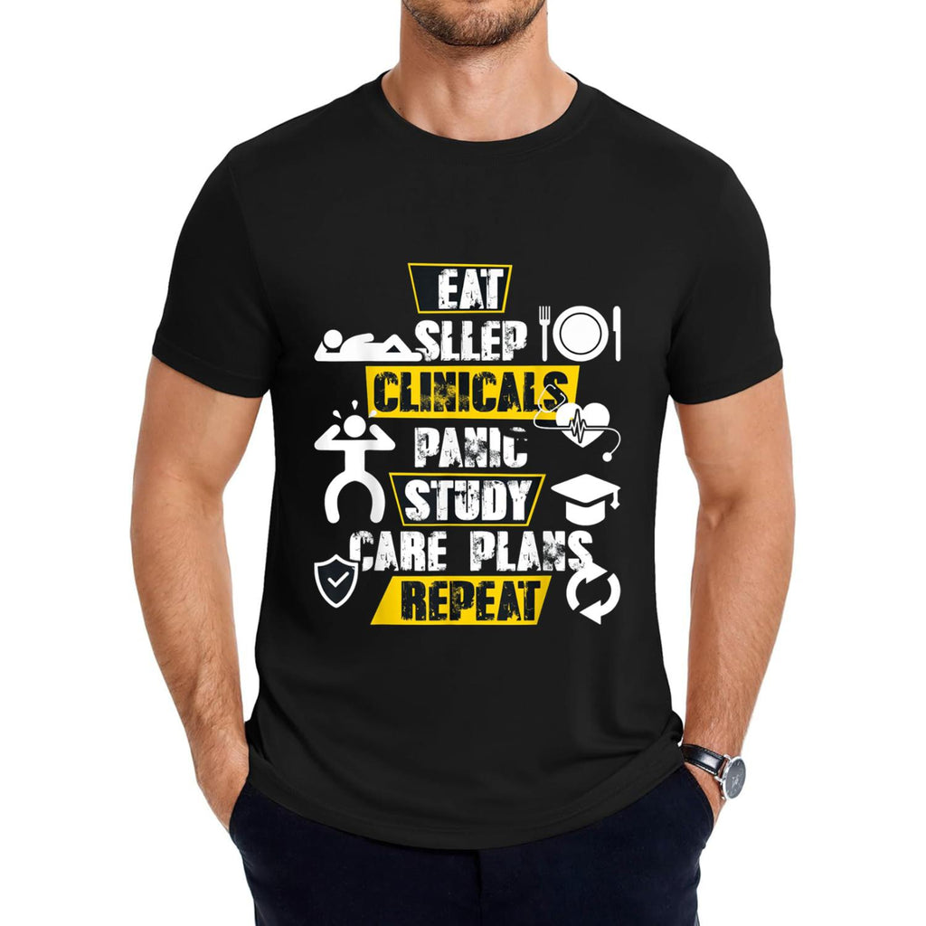 Nursing Student T Shirt Design Featuring Eat Sleep Clinicals Panic Slogan