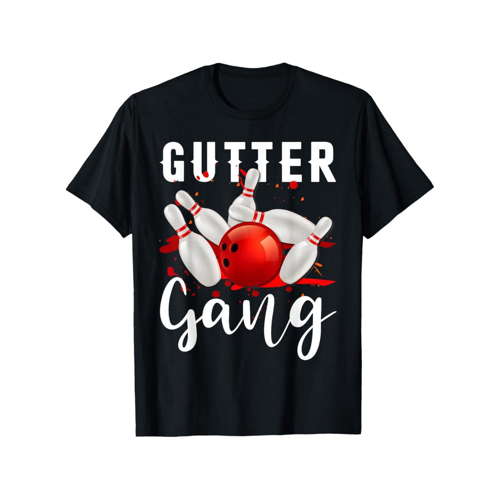 Gutter Gang Mens Bowling Shirt 100 Percent Organic Cotton Black Crew Neck Featuring Vibrant Red And Orange Bowling Graphic Available In Sizes S To XXXL Suitable For Casual Wear And Bowling Leagues Playful Print Comfortable Fit