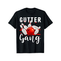 Gutter Gang Mens Bowling Shirt 100 Percent Organic Cotton Black Crew Neck Featuring Vibrant Red And Orange Bowling Graphic Available In Sizes S To XXXL Suitable For Casual Wear And Bowling Leagues Playful Print Comfortable Fit