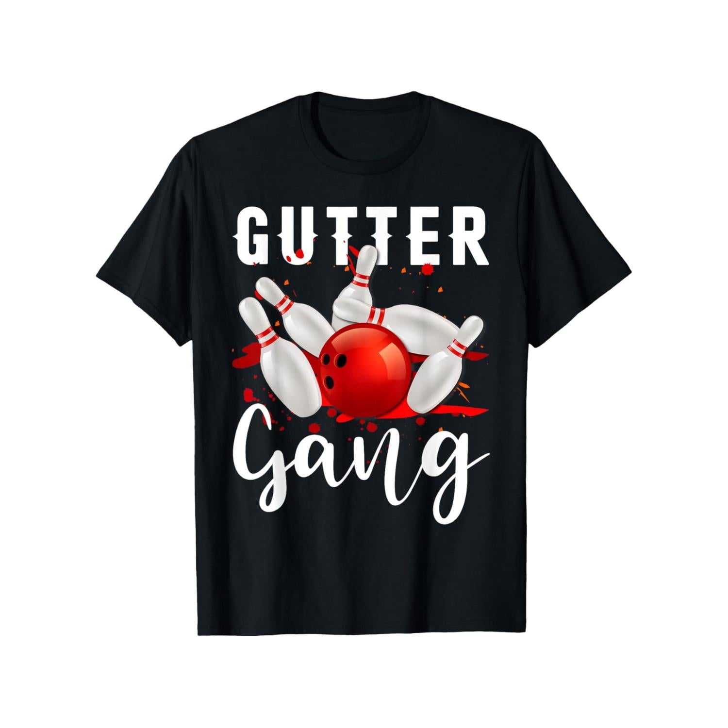 Gutter Gang Mens Bowling Shirt 100 Percent Organic Cotton Black Crew Neck Featuring Vibrant Red And Orange Bowling Graphic Available In Sizes S To XXXL Suitable For Casual Wear And Bowling Leagues Playful Print Comfortable Fit