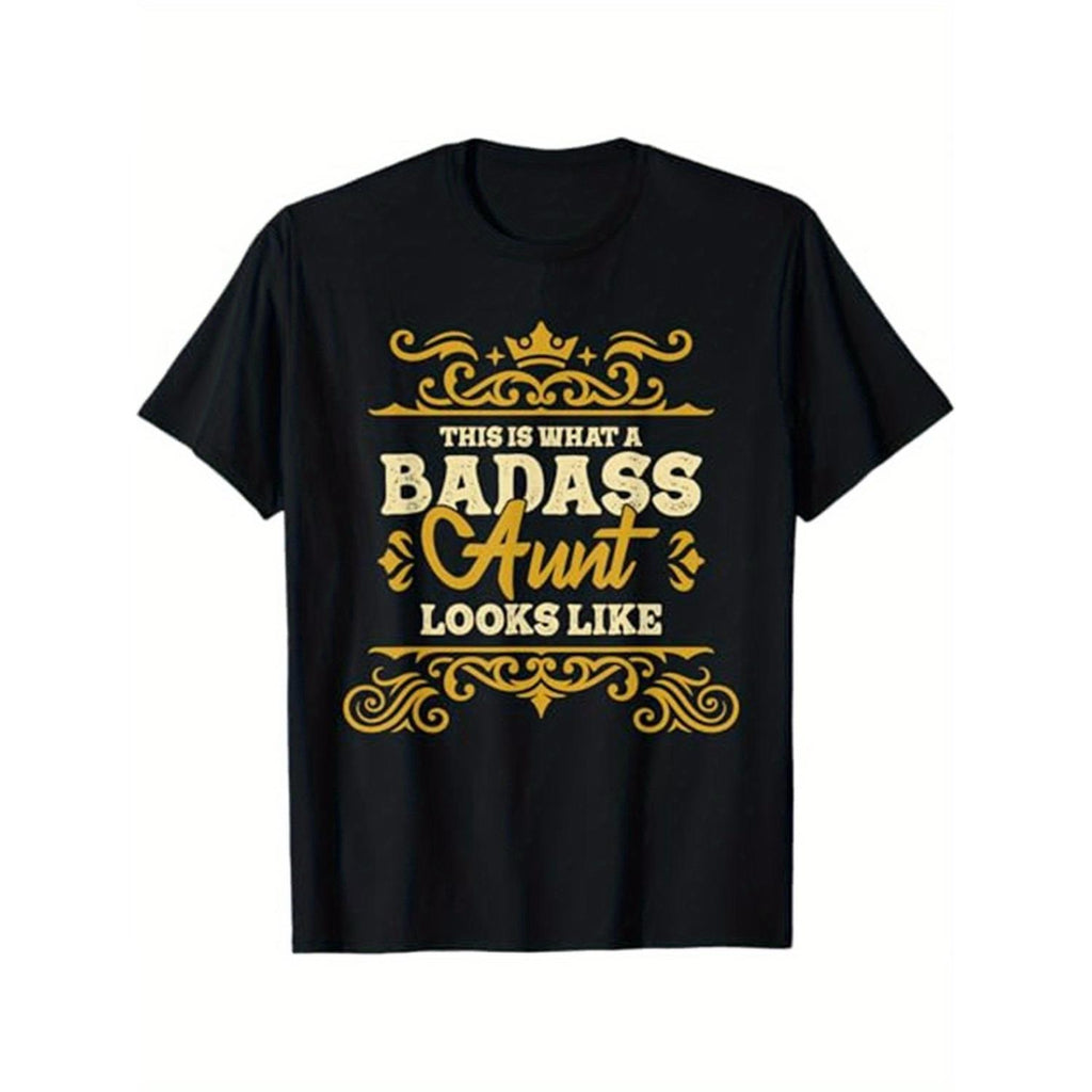 Super Cool Aunt Cotton T Shirt Featuring Geometric Pattern Casual Round Neck Slight Elasticity Regular Fit Suitable for All Seasons 180g
