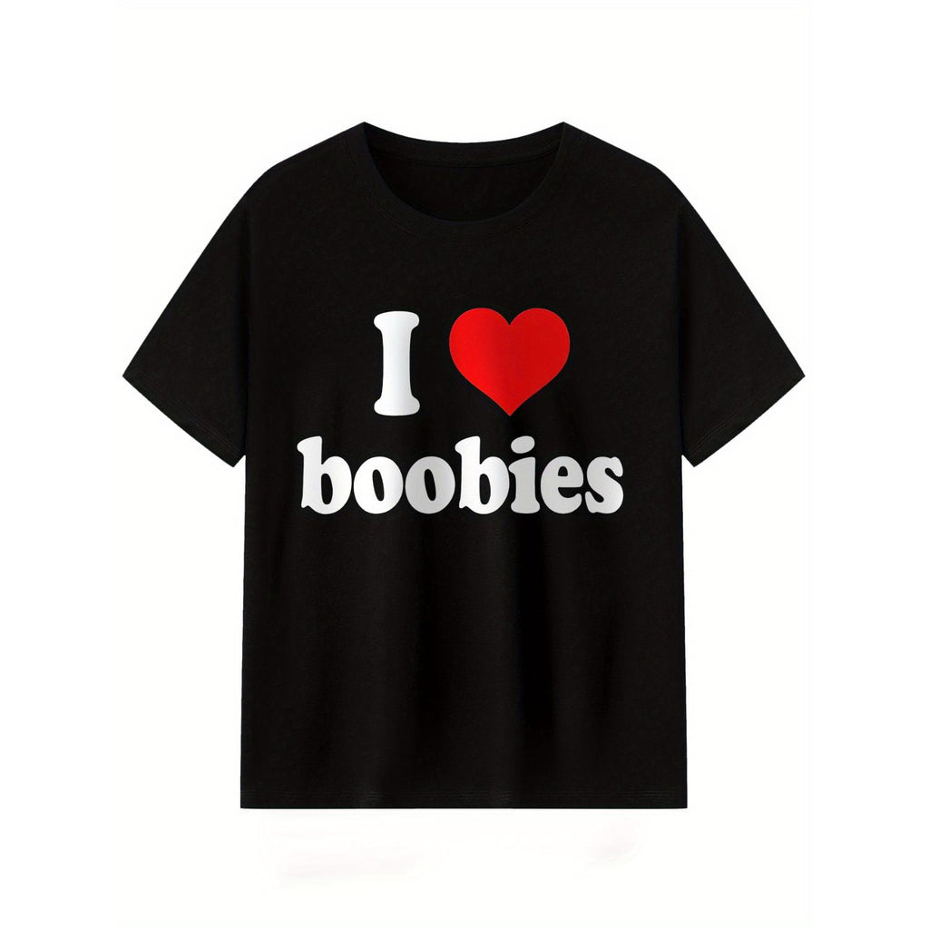 I Love Boobies Mens Graphic T Shirt 100 Percent Cotton Bold Print Design Short Sleeve Casual Fit Machine Washable Summer Essential Breathable Apparel Playful Print Knitted Texture Cute T Shirts
