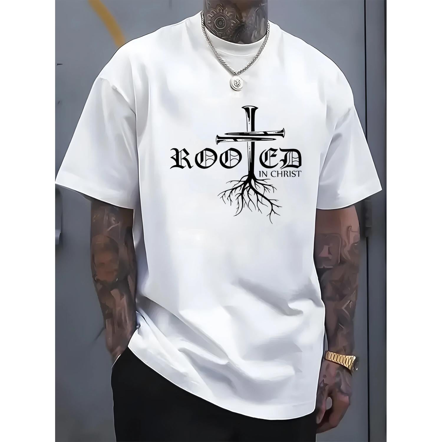 Mens 100 Percent Cotton Rooted in Christ Graphic TShirt Black Casual Short Sleeve Cross and Root Design Perfect for Casual Wear and Special Occasions Cotton Shirts