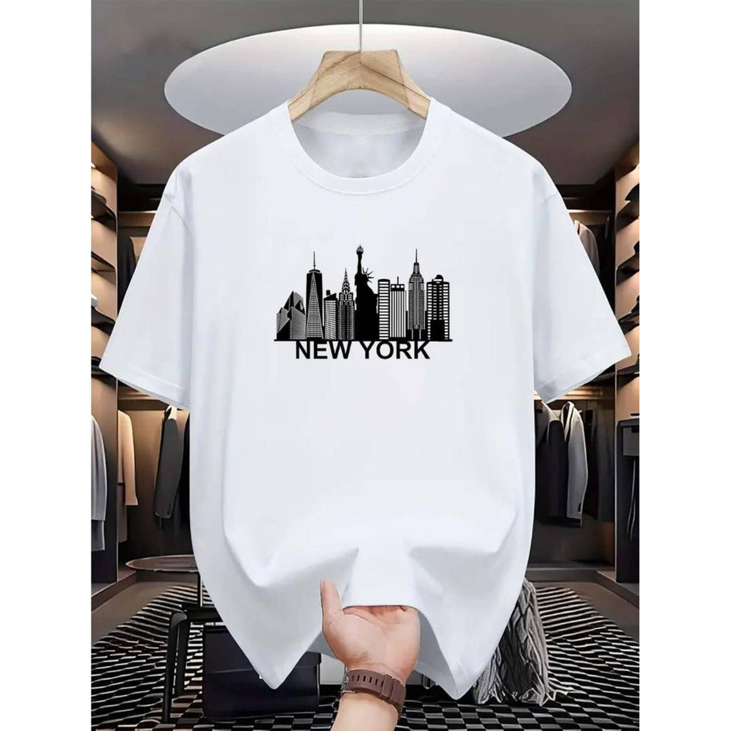 Mens Light Blue New York City Skyline Graphic T Shirt Casual Comfortable Polyester Short Sleeve Round Neck Machine Washable Summer Fashion Tee