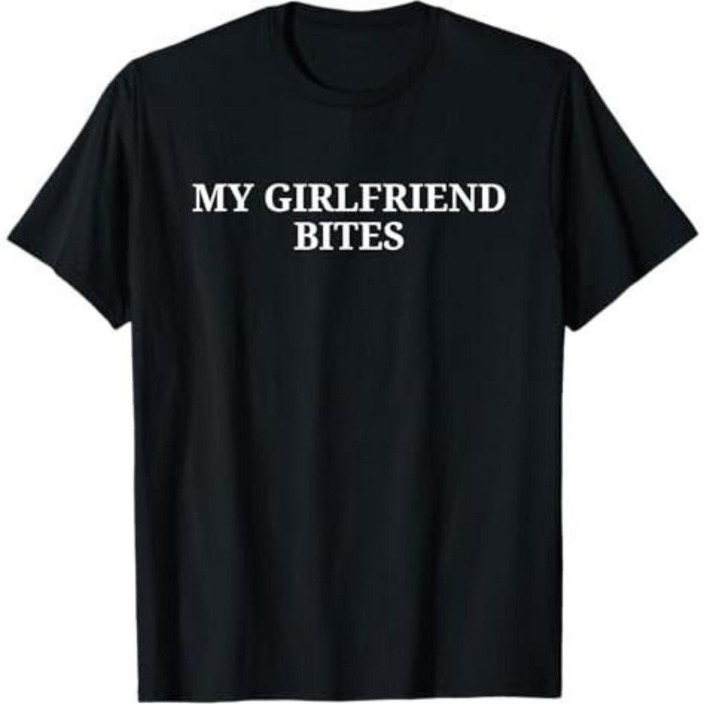 Casual Outfit T-Shirt Featuring Playful My Girlfriend Bites Design Perfect for Couples