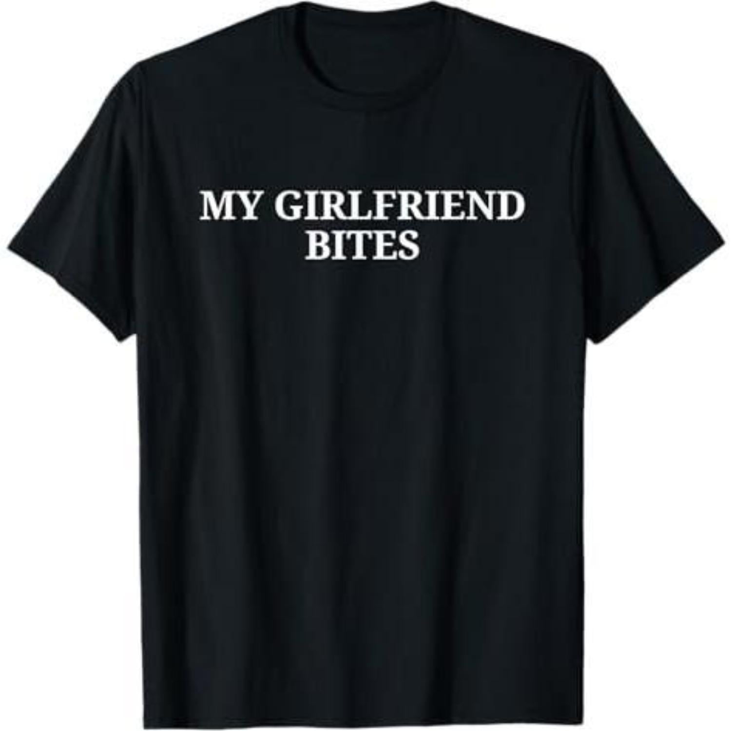 Casual Outfit T-Shirt Featuring Playful My Girlfriend Bites Design Perfect for Couples