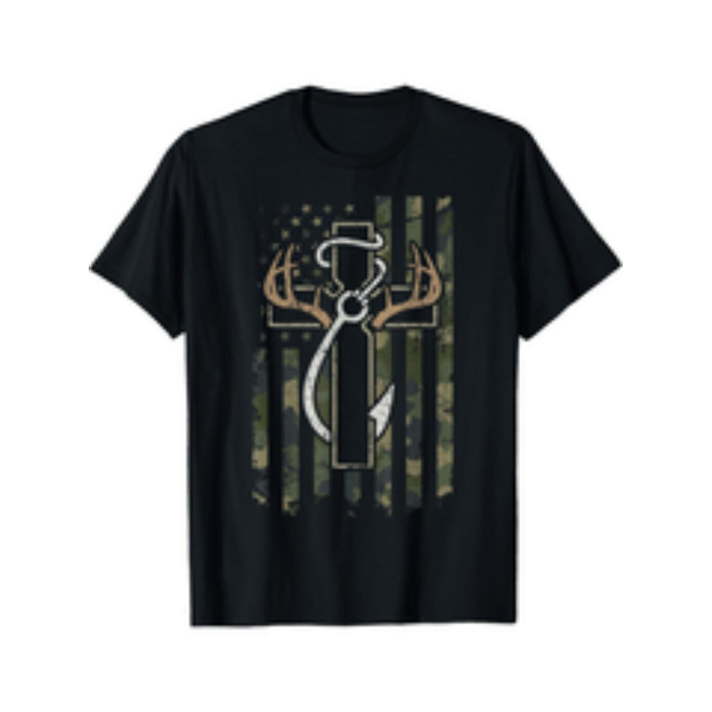 Hunting Fishing Faith Christian Hunter Fisherman Camo Usa Everyday Essential Round Neck Short Sleeve Cotton T Shirt For Men Black