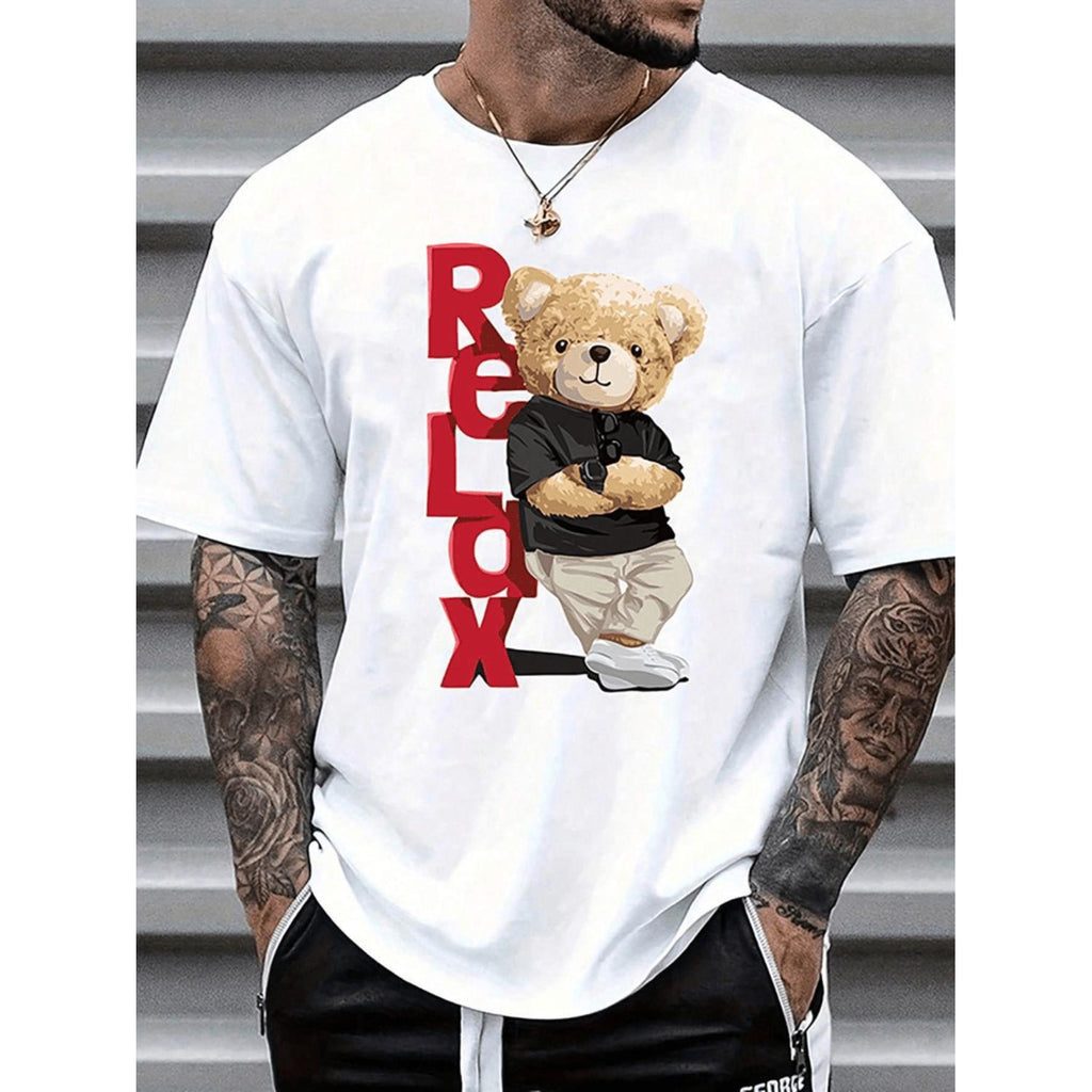 Mens Casual Cotton T Shirt Featuring Relaxed Teddy Bear Graphic Print Soft Breathable Crew Neck Short Sleeve Design Comfortable Fit Machine Washable White Tee