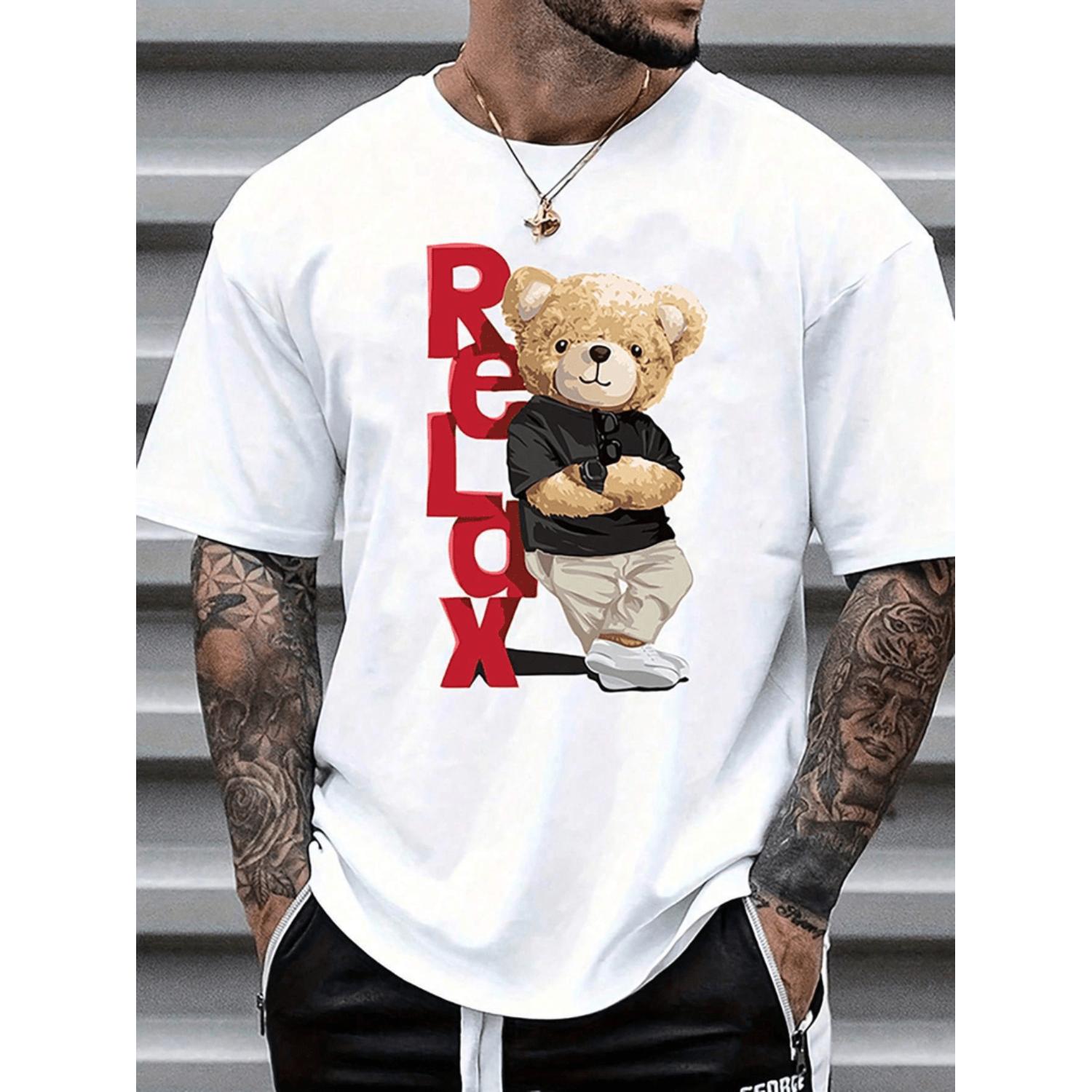 Mens Casual Cotton T Shirt Featuring Relaxed Teddy Bear Graphic Print Soft Breathable Crew Neck Short Sleeve Design Comfortable Fit Machine Washable White Tee