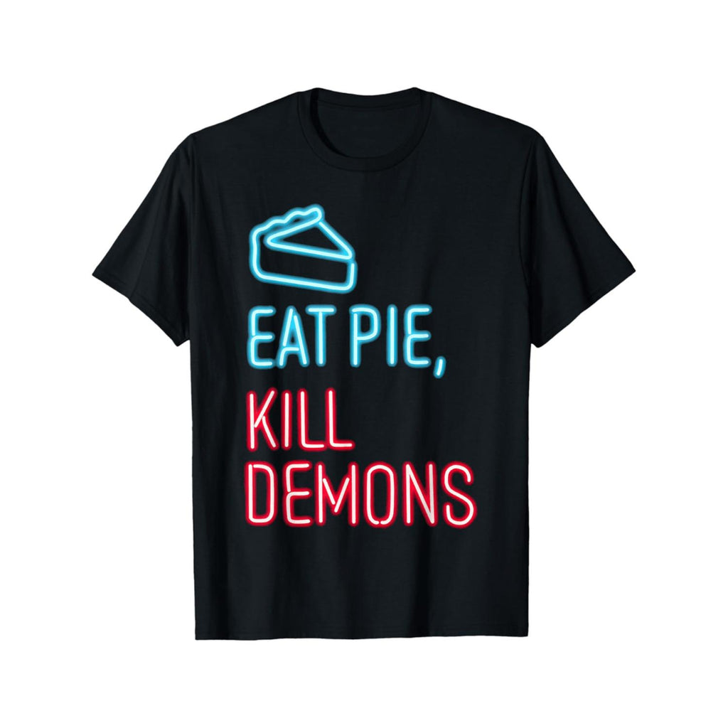 Supernatural Inspired Cotton T Shirt Crew Neck Stretch Knit Fabric Regular Fit Featuring Eat Pie Kill Demons Print for Adults Black