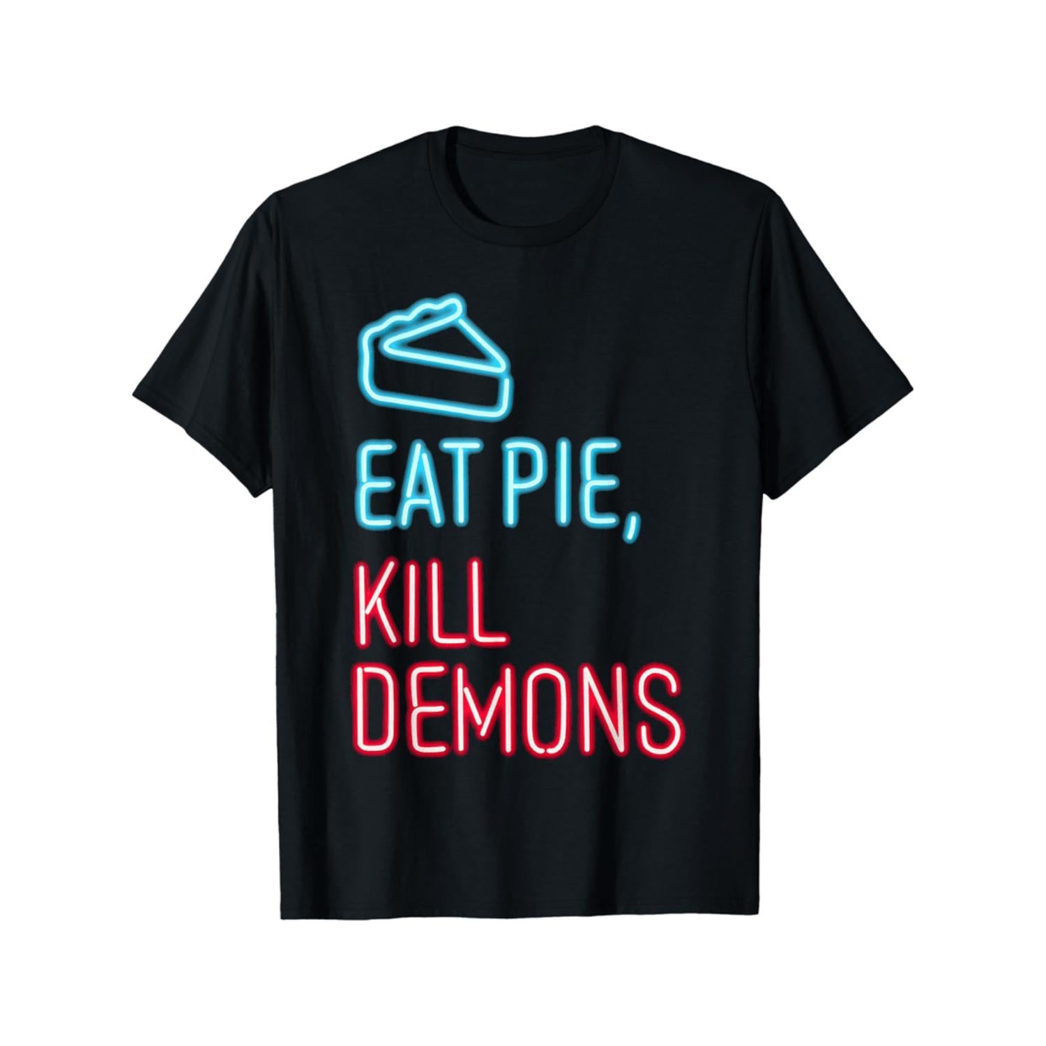 Supernatural Inspired Cotton T Shirt Crew Neck Stretch Knit Fabric Regular Fit Featuring Eat Pie Kill Demons Print for Adults Black