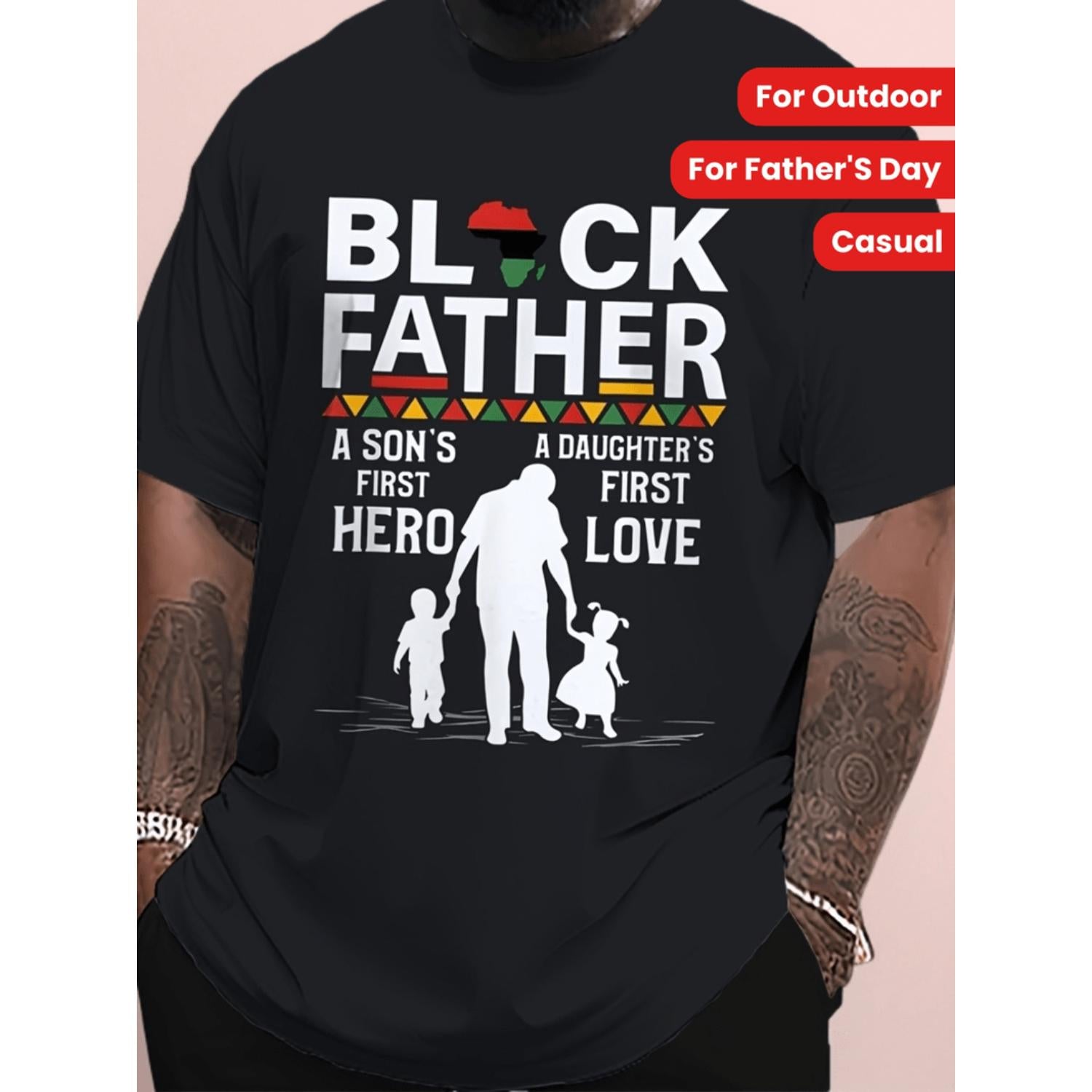 Plus Size 3D T Shirt for Men Featuring Son Daughter and Dog Design Casual Cotton Short Sleeve Tee Suitable for Outdoor Activities Ideal Fathers Day Gift Running Apparel Black