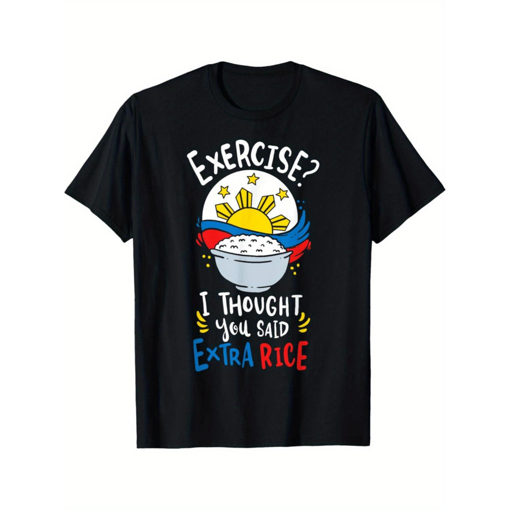 1pc Filipino Rice Humor Print T Shirt 100 Percent Cotton Crew Neck Casual Tee Stretch Knit Fabric Short Sleeve Top For Men Black
