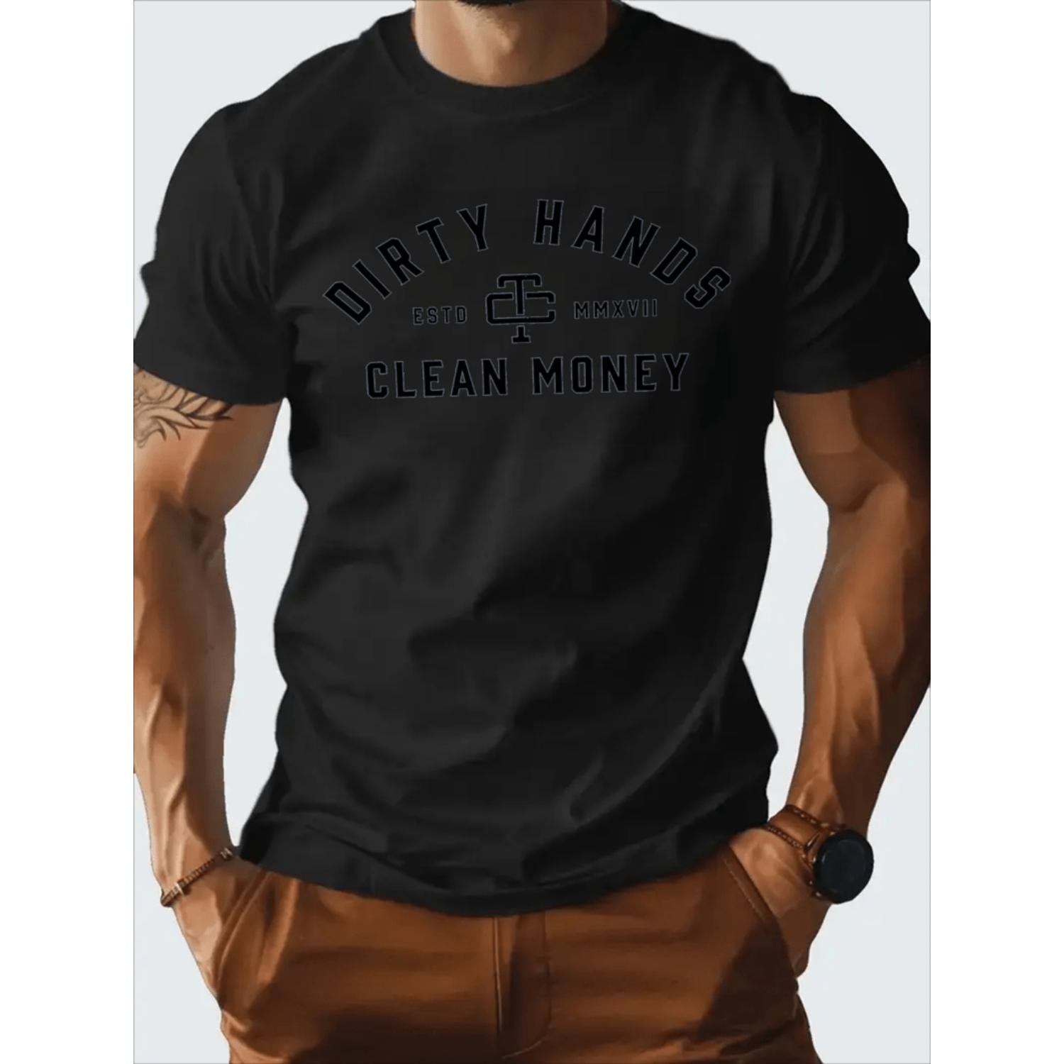 Mens Casual Graphic T Shirt 100 Percent Cotton Breathable Comfortable Navy Blue White Lettering Suitable For Spring And Summer Casual Wear Black