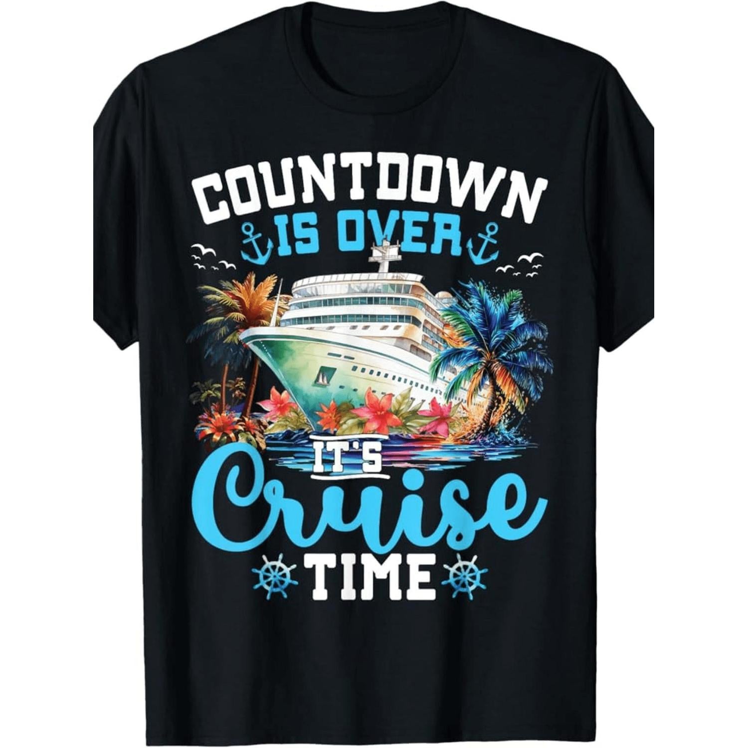 Casual 100 Percent Cotton T Shirt Round Neck Short Sleeve Vibrant Cruise Ship Palm Tree Graphic Machine Washable Perfect Fit Ideal for Travel Enthusiasts Summer Tee with Humorous Print and Vivid Cruise Graphics in Black
