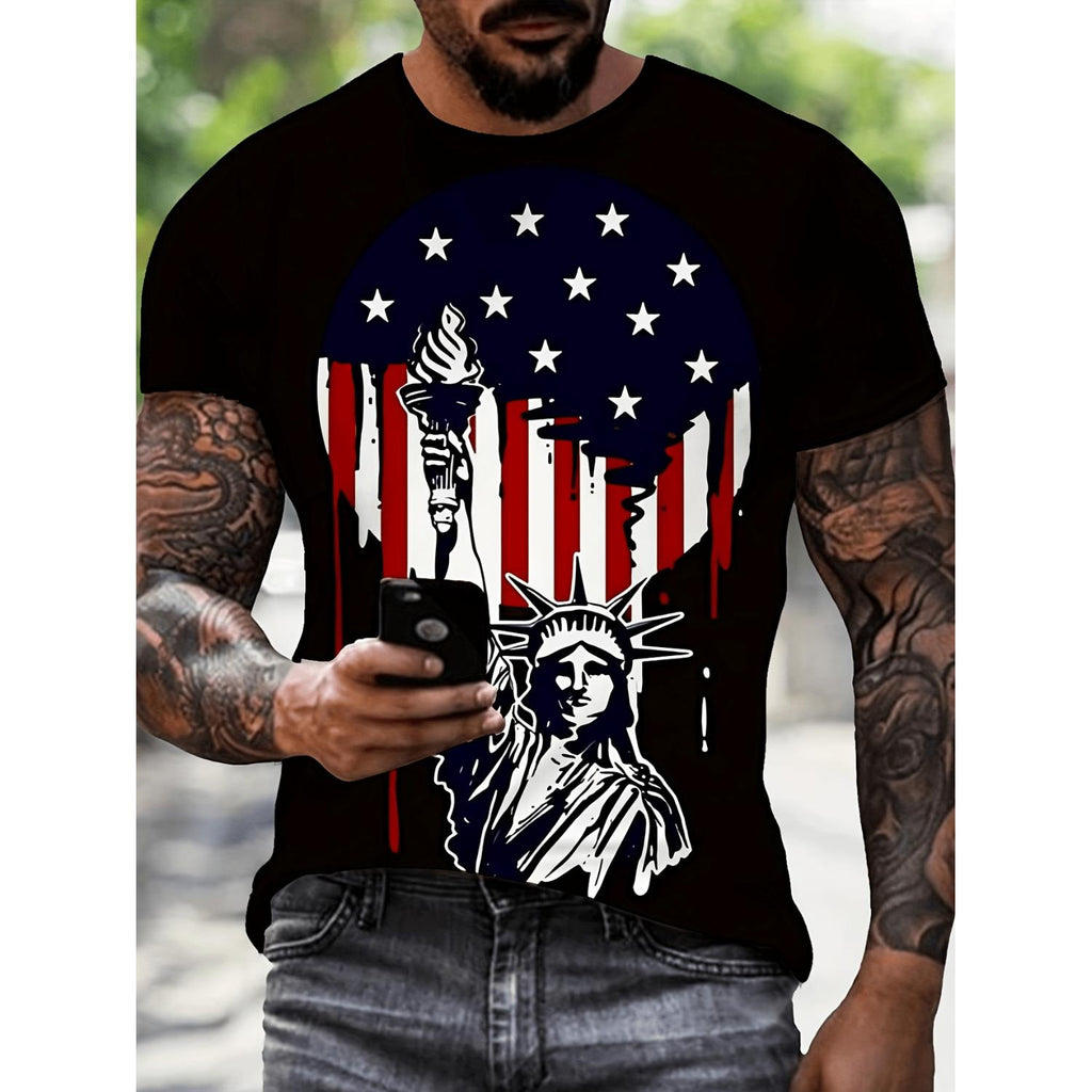 Mens Casual Crew Neck T Shirt Featuring 3D Statue Print Short Sleeve Regular Fit Made From Stretch Polyester Knit Fabric Lightweight Summer Wear 150gsm Black