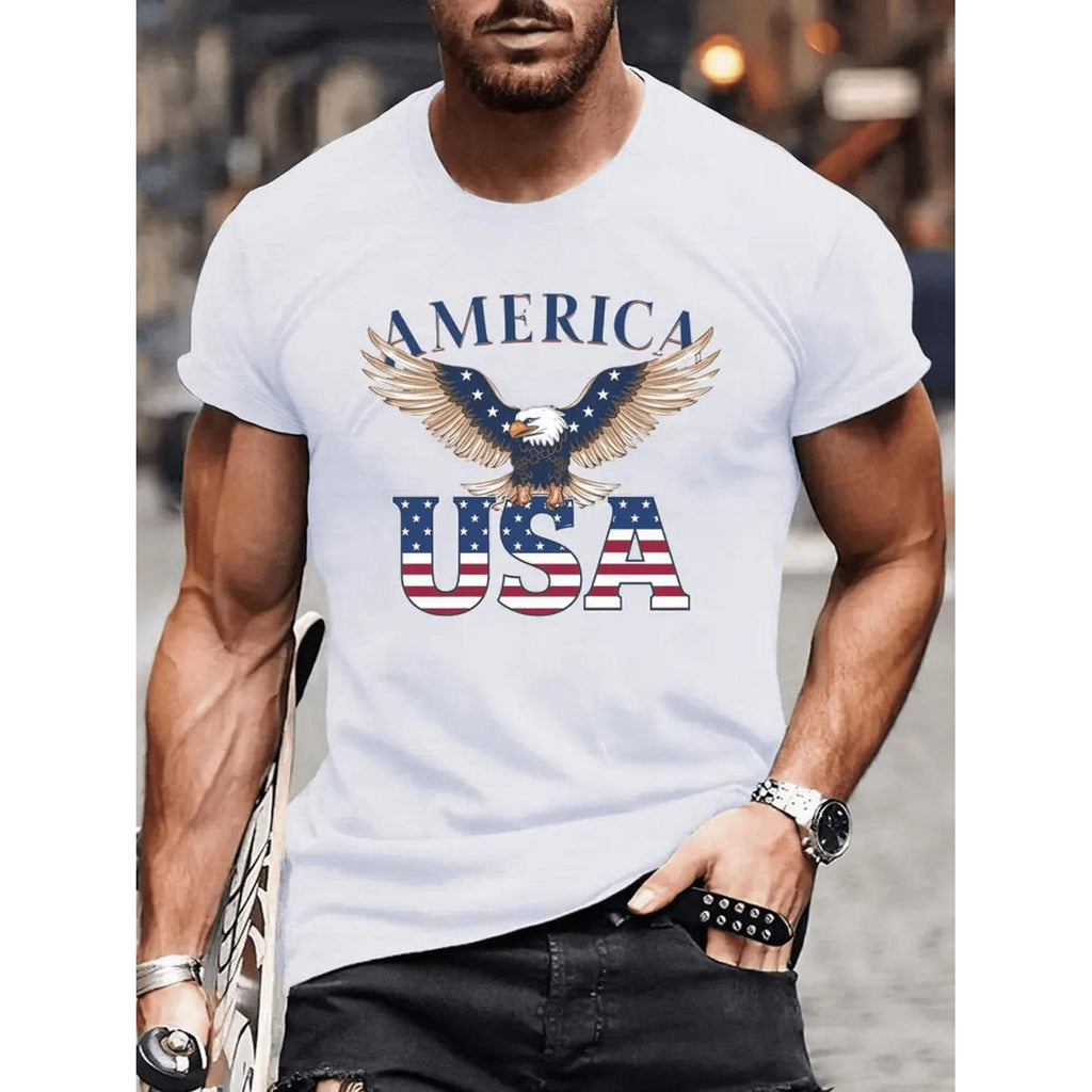 Mens Patriotic Stars Graphic T Shirt 100 Percent Cotton 180gsm Regular Fit Round Neck Short Sleeve Casual Summer Tee White