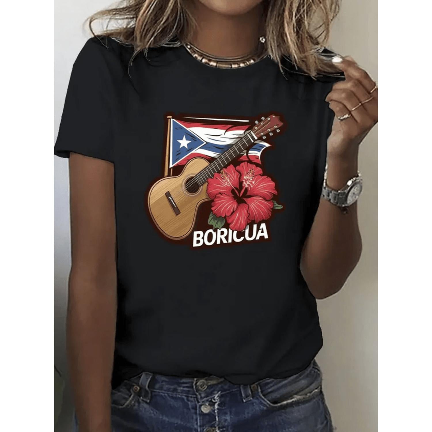Womens Casual Round Neck Short Sleeve T Shirt with Vibrant Guitar Floral Print Breathable Summer Outdoor Wear Gift Puerto Rican Style