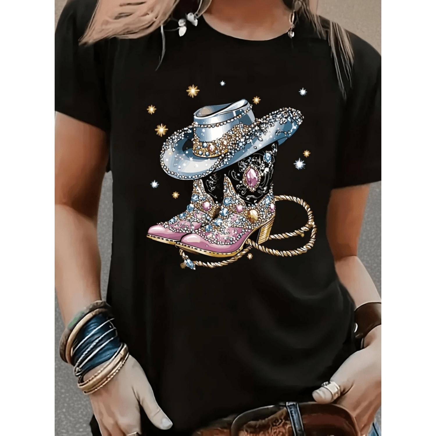 Womens Western Cowboy Graphic T Shirt Sparkling Black Short Sleeve Tee Featuring Cowboy Hat Boots Design Casual Round Neck Top Durable Fabric Suitable For Adult Casual Wear