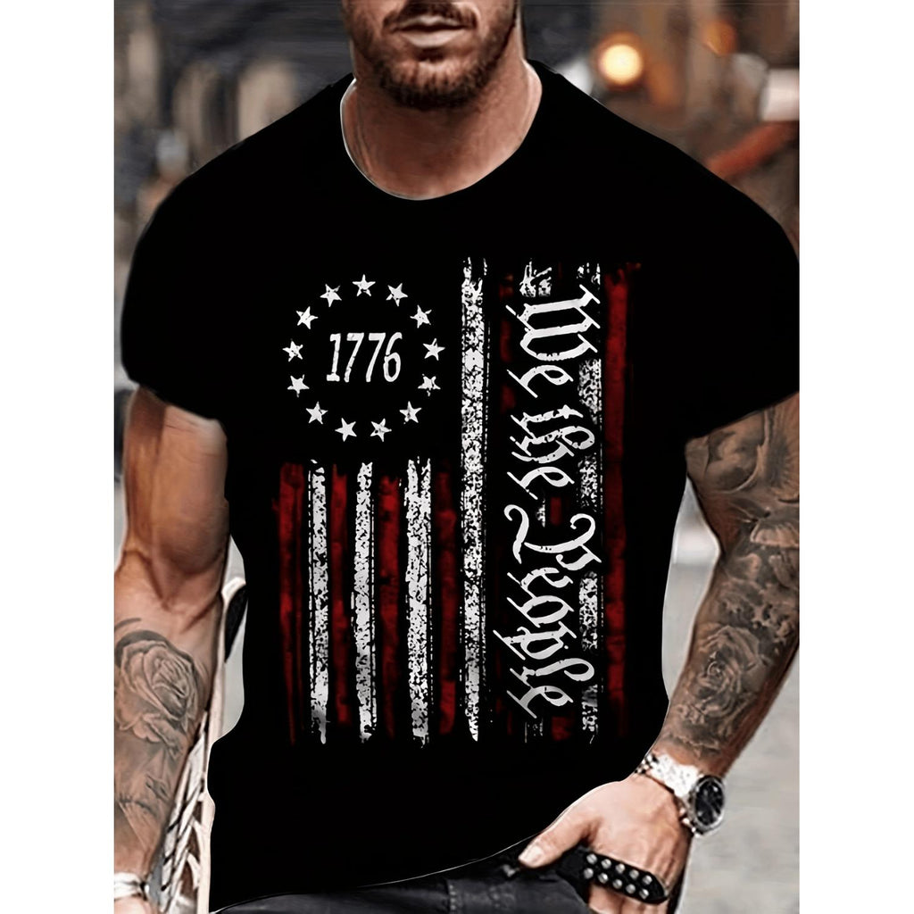 Mens Patriotic 1776 American Flag Graphic T Shirt Breathable Crew Neck Short Sleeve Tee Plus Size Large Through 6XL Casual Summer Top Featuring American Flag Design