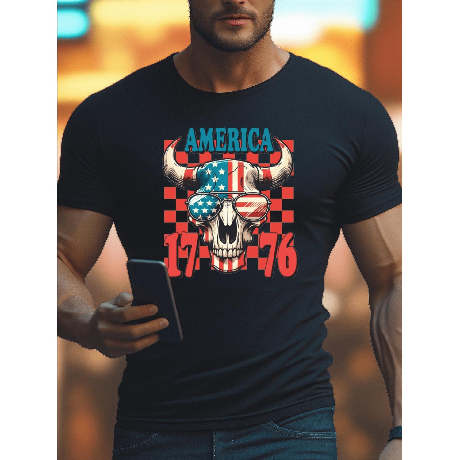 Mens T Shirts Featuring Skull Design With American Flag Pattern On Cotton Fabric Suitable For Daily Outdoor Wear In Spring And Summer Black