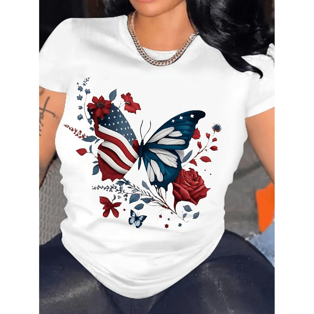 Women's Patriotic American Flag Floral Print Crew Neck T Shirt Casual Short Sleeve Top for Spring Fit White
