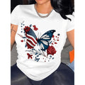 Women's Patriotic American Flag Floral Print Crew Neck T Shirt Casual Short Sleeve Top for Spring Fit White