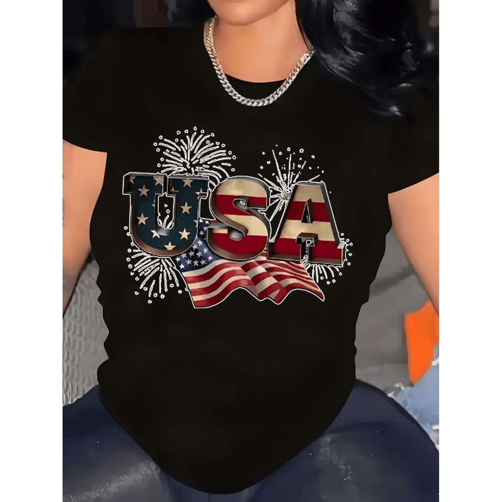 Women's Plus Size Patriotic USA Flag Fireworks Graphic T Shirt Breathable Cotton Casual Round Neck Short Sleeve Top for Spring Summer American Flag Accessories Nontransparent Material White