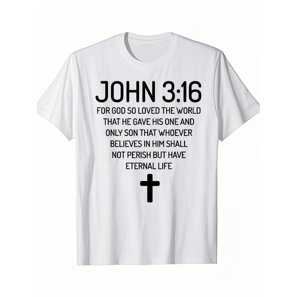 T Shirt For Men Featuring Verse Cross Design Christian Black With White Print 100 Percent Cotton Regular Fit Casual Comfortable Machine Washable Spiritual Casualwear Durable Cotton Fabric Religious Quote Shirt