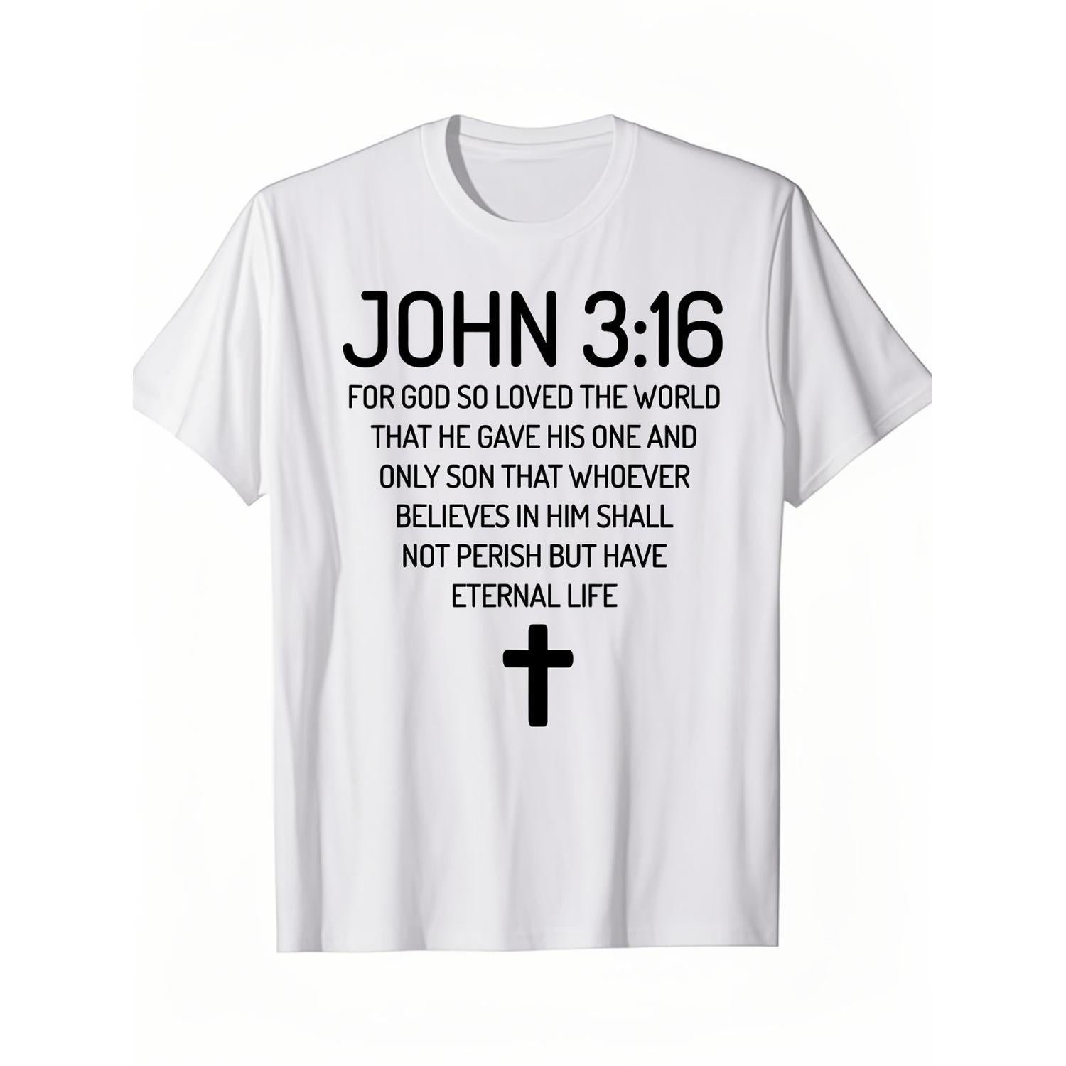 T Shirt For Men Featuring Verse Cross Design Christian Black With White Print 100 Percent Cotton Regular Fit Casual Comfortable Machine Washable Spiritual Casualwear Durable Cotton Fabric Religious Quote Shirt