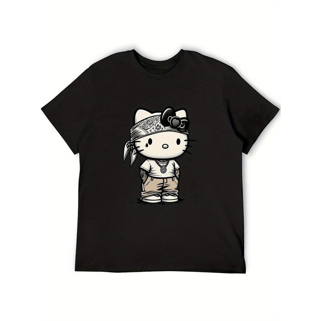 Vintage Style Patterned Loose Cotton T Shirt for Men and Women Black Version One