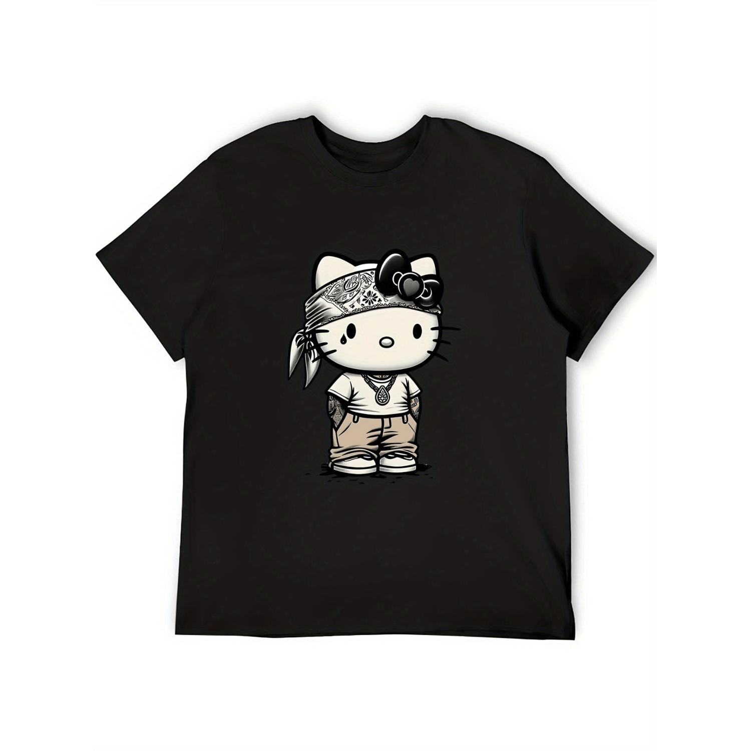 Vintage Style Patterned Loose Cotton T Shirt for Men and Women Black Version One