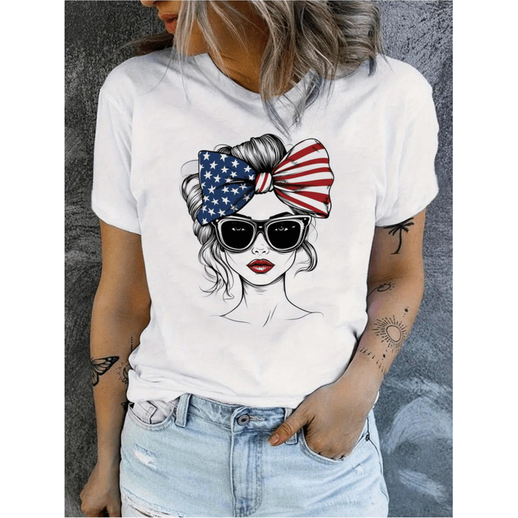 Womens Lightweight Breathable Polyester Knit T Shirt Patriotic American Flag Graphic Crew Neck Short Sleeve Round Neckline Medium Stretch Casual Summer Tee For Spring Casual Wear