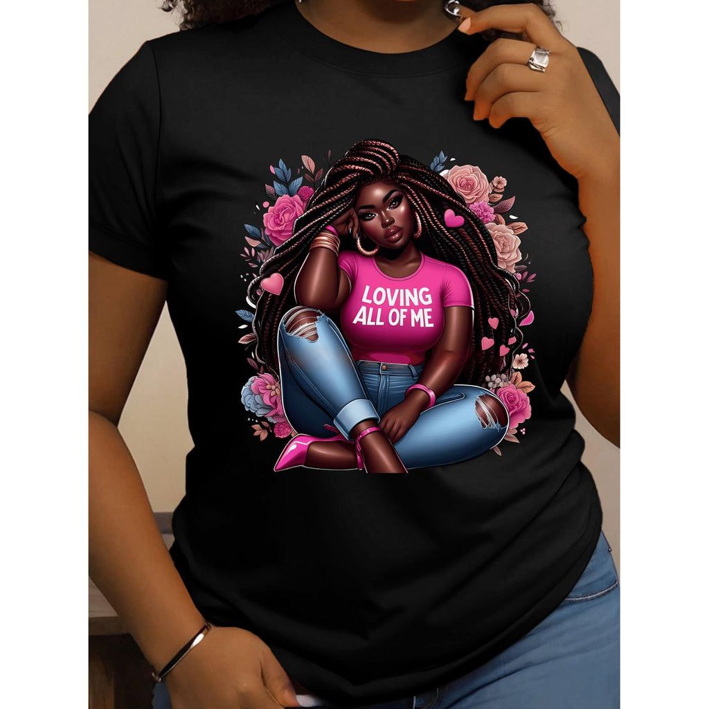 Figure Print Crew Neck Short Sleeve Casual Top For Womens Clothing Black