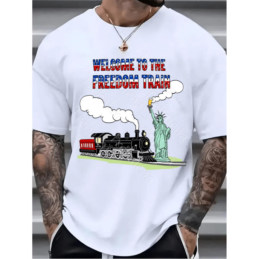 Mens Plus Size Big Tall Patriotic Train Graphic T Shirt Breathable Cotton Casual Short Sleeve Tee Featuring Statue Design Text We Welcome You To Train Ideal For Summer Holiday Celebrations