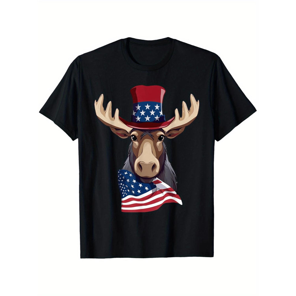 Patriotic Moose American Flag Graphic Mens T Shirt 100 Percent Cotton Plus Sizes 1XL To 5XL Black Lightweight Breathable Casual Tee Ideal Gift For Plus Size Men