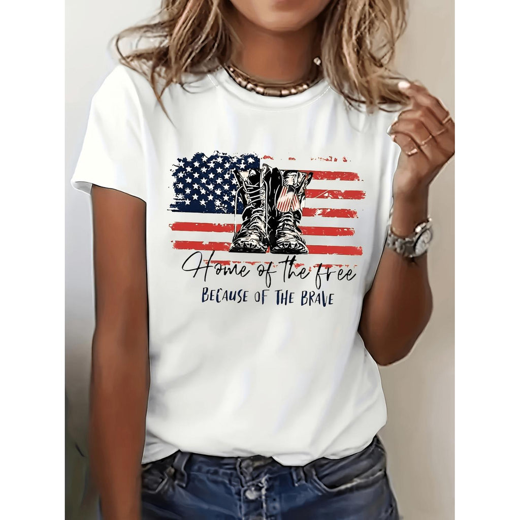 Womens Patriotic Home T Shirt Featuring American Flag Boots Design Casual Crew Neck Short Sleeve Polyester Tee Summer Knit Construction White Patriotic Clothing