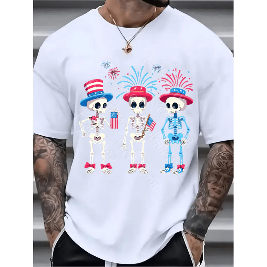 Plus Size Mens Printed T Shirt Featuring Patriotic Skeletons Family Design Casual Summer Tee 100 Percent Cotton Round Neck Stylish Short Sleeves Black Background