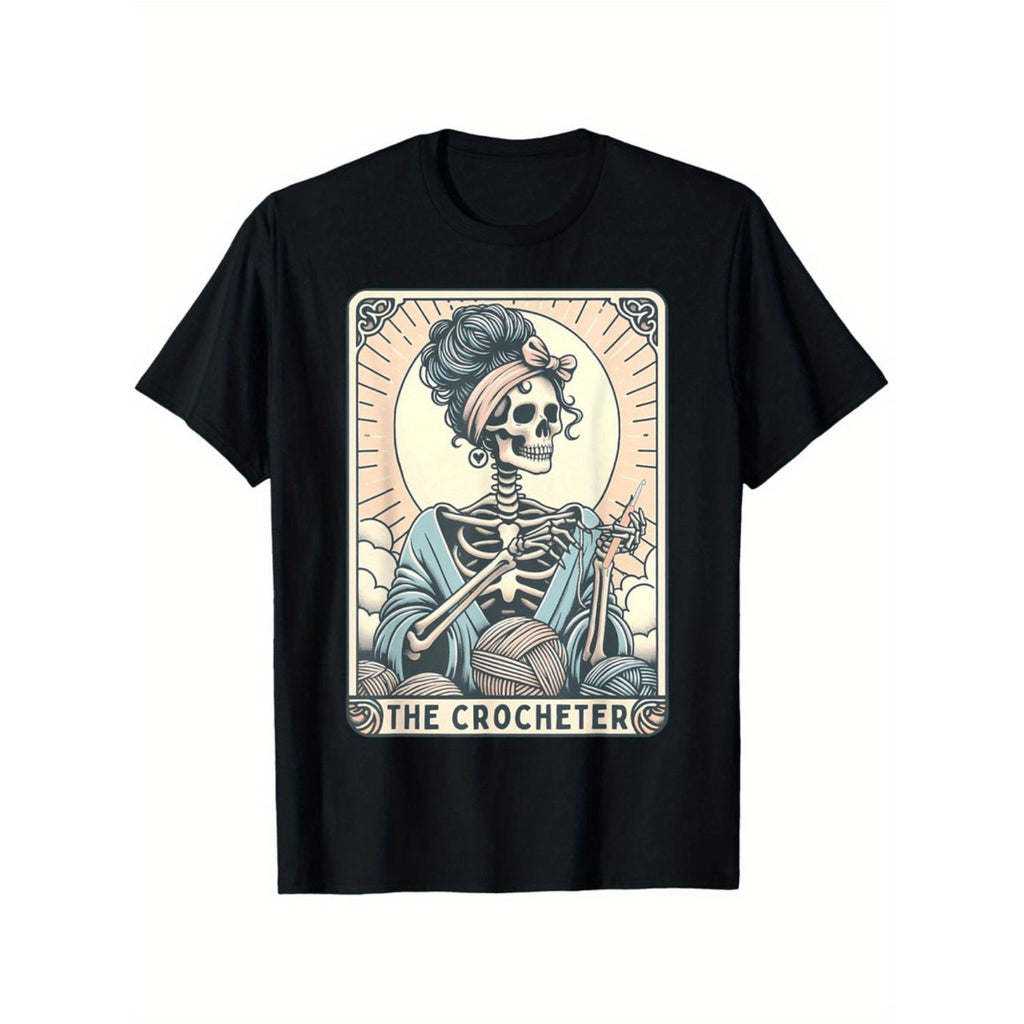 Mens Black Crocheter Tarot Card Graphic T Shirt Skeleton Mom Design Cotton Breathable Stretchy Casual Summer Tee For Outdoor Activities Street Style Machine Washable