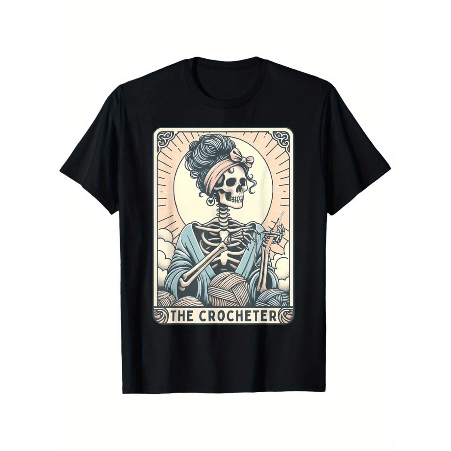 Mens Black Crocheter Tarot Card Graphic T Shirt Skeleton Mom Design Cotton Breathable Stretchy Casual Summer Tee For Outdoor Activities Street Style Machine Washable