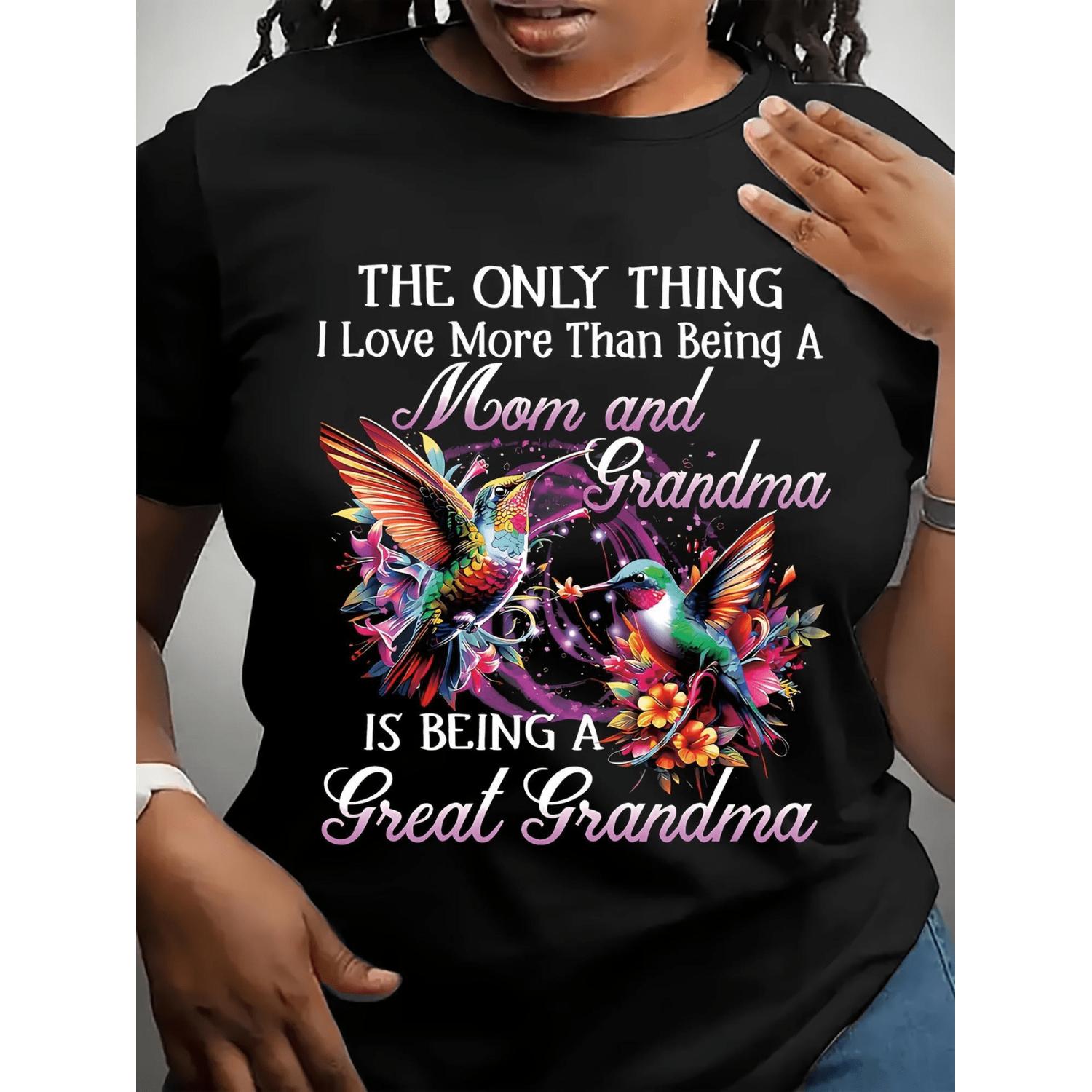 Casual Short Sleeve T Shirt for Women Featuring Mom and Grandma Hummingbird Floral Print Round Neck and Family Theme Fabric