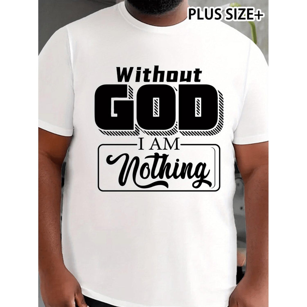 Mens Plus Size Sports Style Polyester Crew Neck Stretch Summer Short Sleeve T Shirt Featuring Slogan Without God I Am In Black