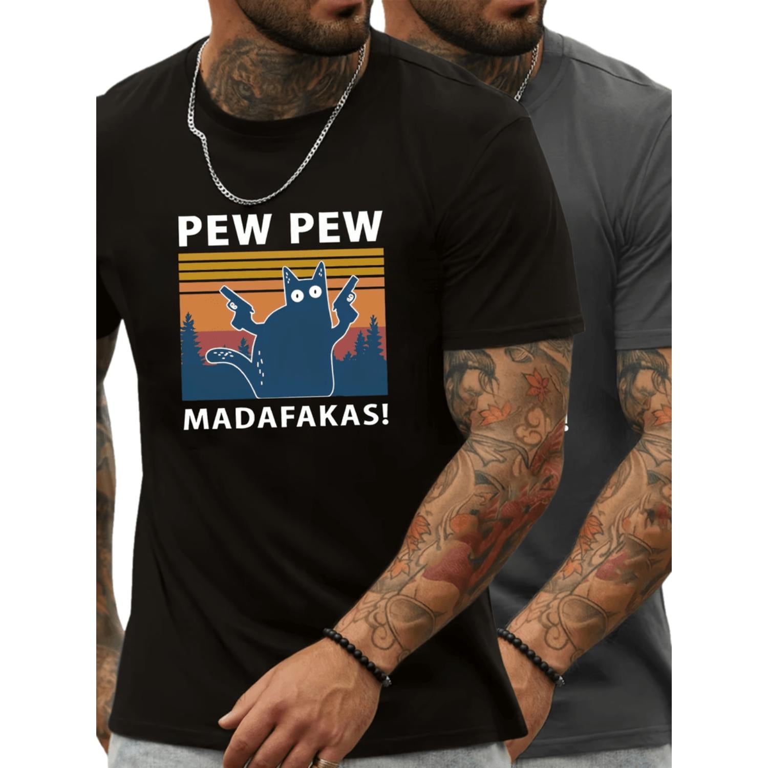 Men's Short Sleeve T Shirt With Cat Graphic Comfortable Stretchy Trendy Tees For Summer Casual Fashion Clothing Black
