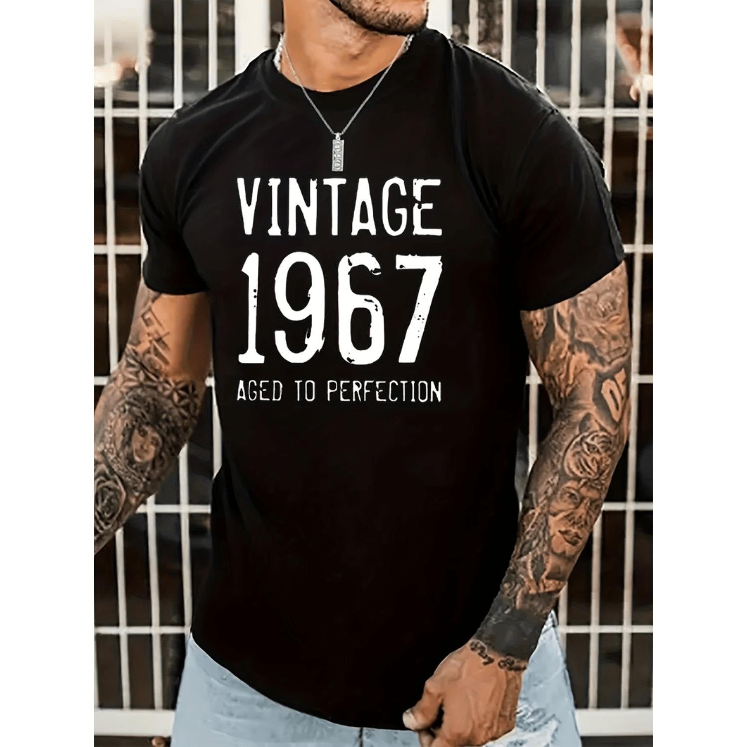 Vintage 1967 Letters Crew Neck Short Sleeve Top for Men Comfortable Casual Summer T Shirt Suitable for Workouts and Vacation Resorts White