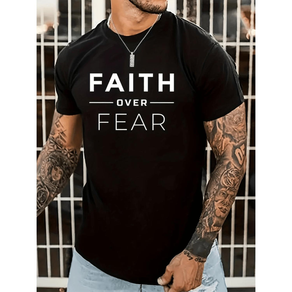 Mens Faith Over Fear Print Casual Short Sleeve Crew Neck T Shirt Summer Outdoor Black Mens Clothing