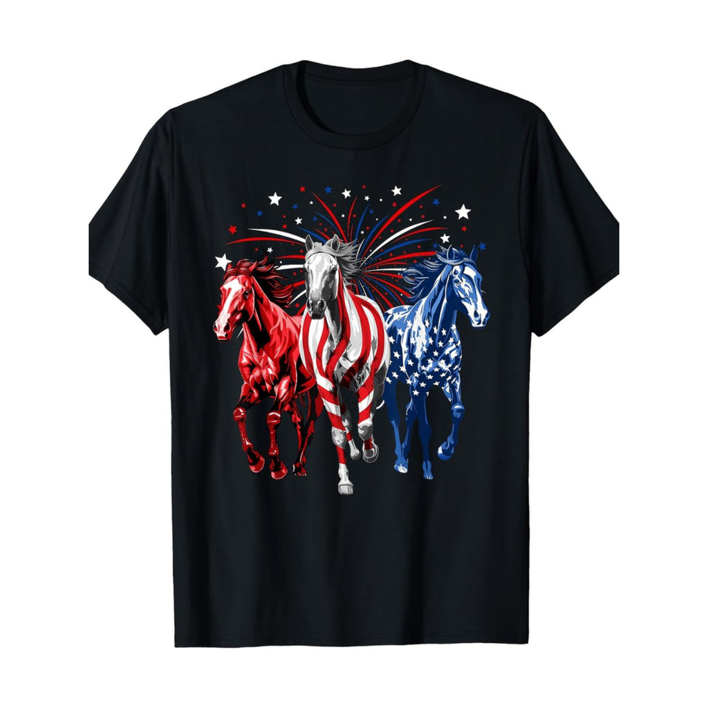 Patriotic 100 Percent Cotton T Shirt Featuring Colorful Horse Design Casual Round Neck Short Sleeve Ideal for Everyday Black Casual Wear