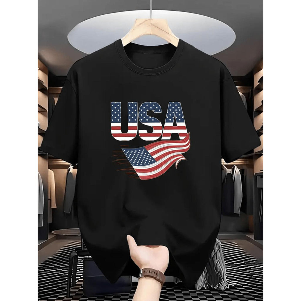 Mens USA Flag Patriotic Graphic T Shirt 100 Percent Cotton Relaxed Fit Short Sleeve Soft Breathable Fabric Featuring Flag Print Machine Washable Casual Summer Top Classic Round Neck Comfortable Microfiber Design