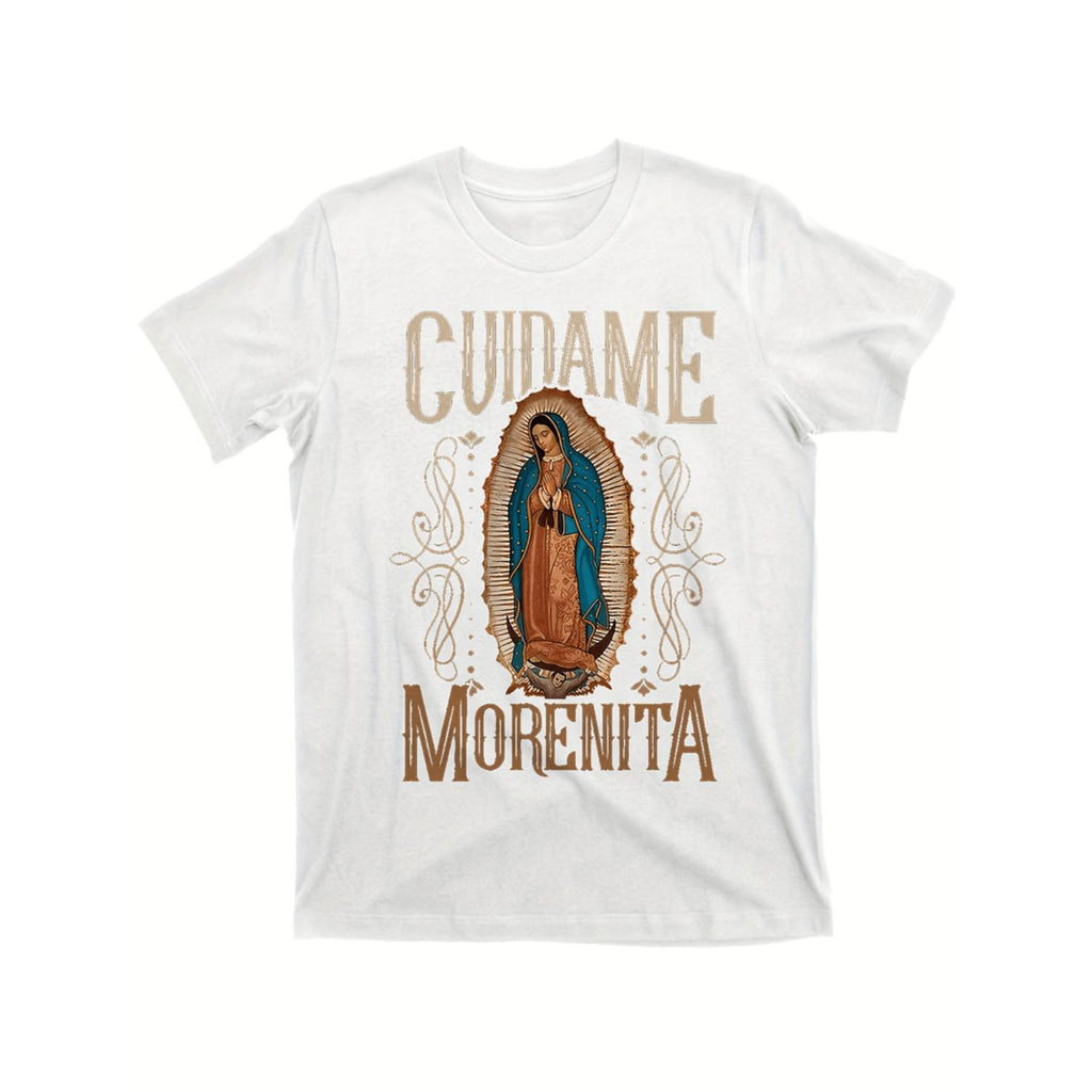 Womens And Mens 100 Percent Cotton White Casual T Shirt With Guadalupe Mary Graphic Print Round Neck Short Sleeve 220gsm Heavyweight Fabric Machine Washable