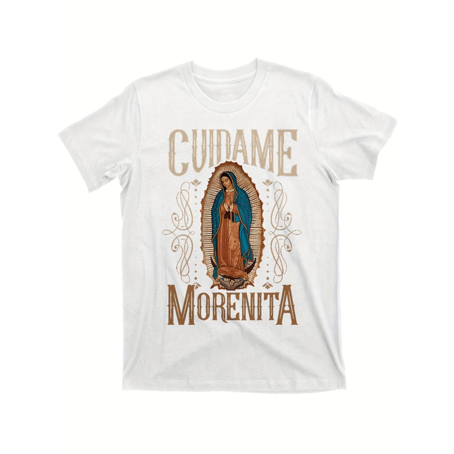Womens And Mens 100 Percent Cotton White Casual T Shirt With Guadalupe Mary Graphic Print Round Neck Short Sleeve 220gsm Heavyweight Fabric Machine Washable
