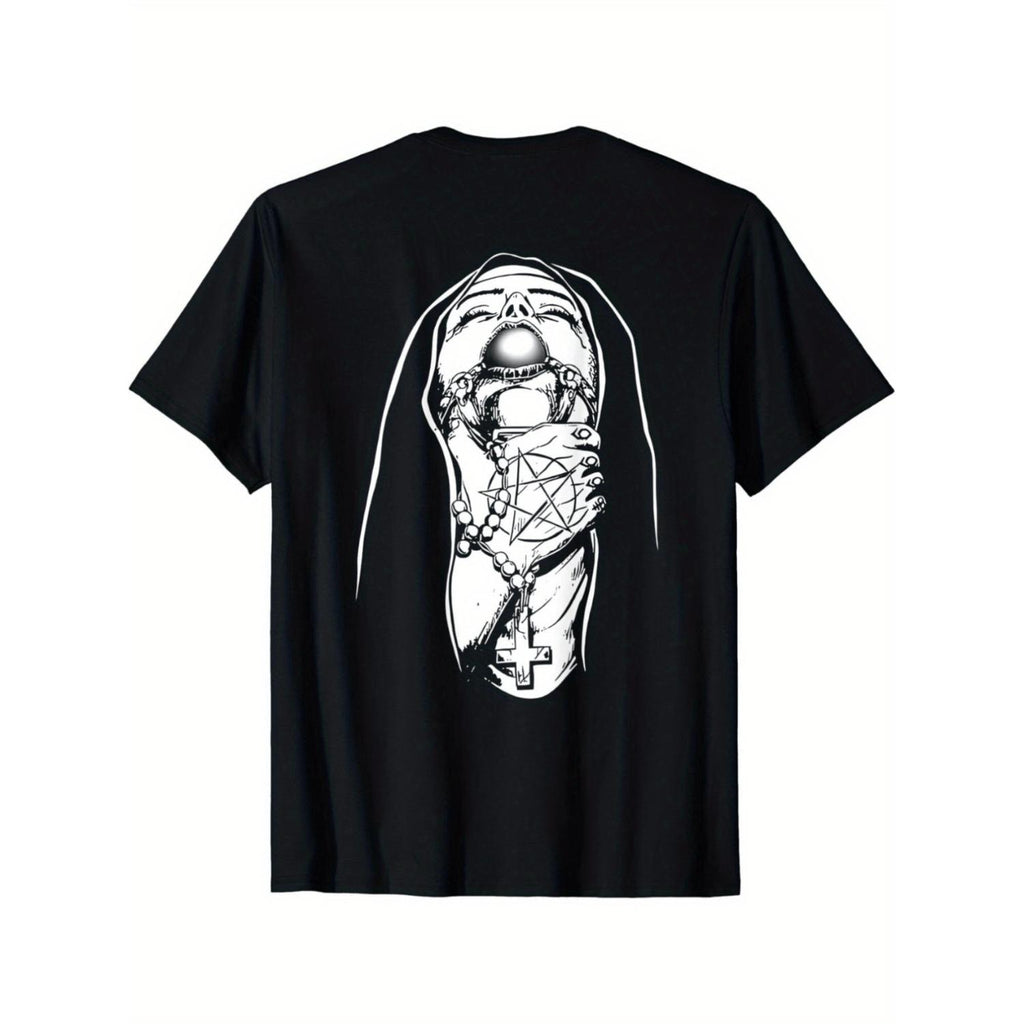Mens Nun Tattoo Graphic Tee Cotton Crew Neck T Shirt Geometric Pattern Casual Wear Medium Stretch Knit Fabric 180gsm Short Sleeves Regular Fit Black